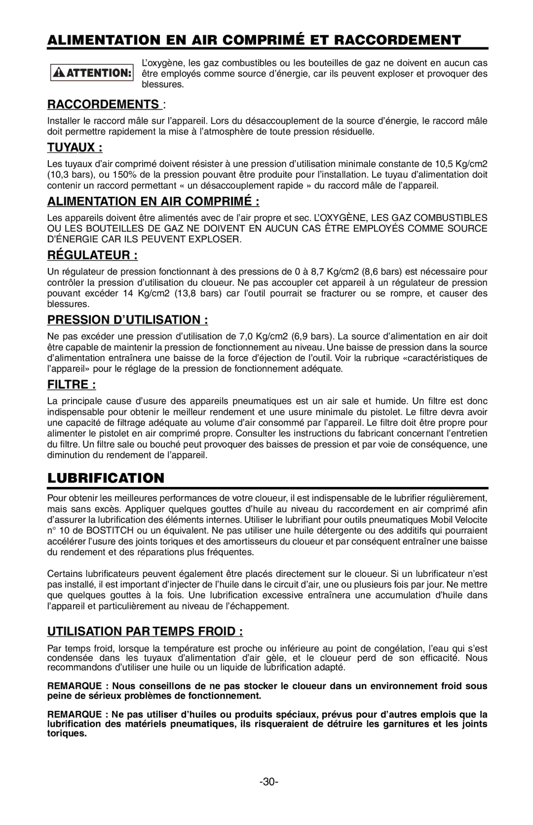 Bostitch SB-150SX manual Alimentation EN AIR Comprimé ET Raccordement, Lubrification 