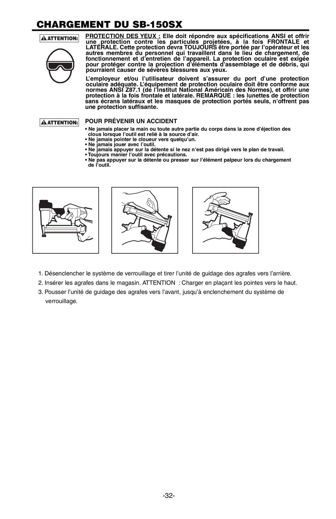 Bostitch manual Chargement DU SB-150SX 