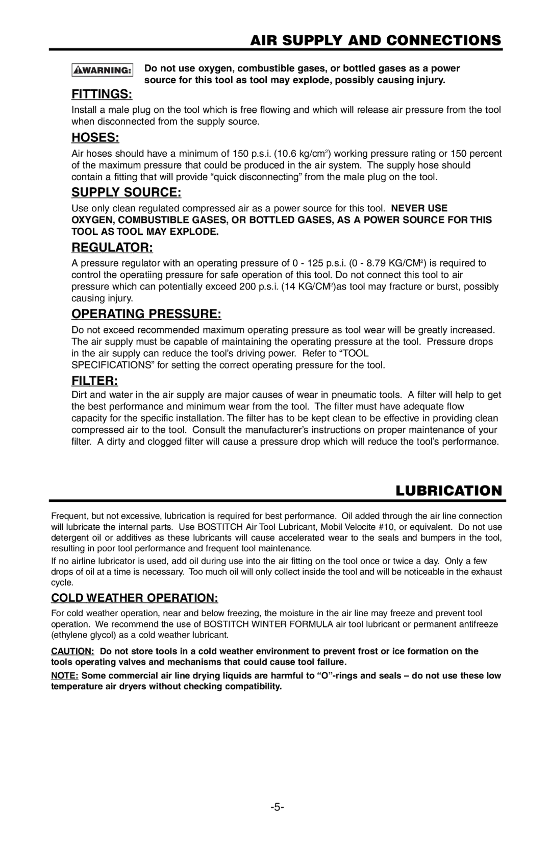 Bostitch SB-150SX manual AIR Supply and Connections, Lubrication 