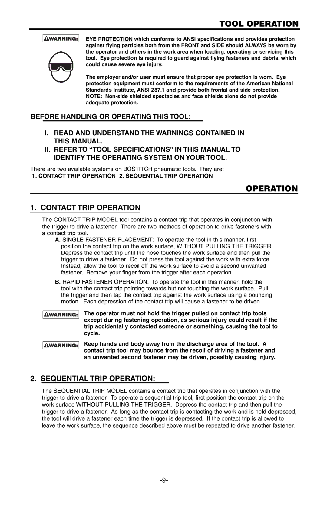 Bostitch SB-150SX manual Tool Operation, Contact Trip Operation, Sequential Trip Operation 