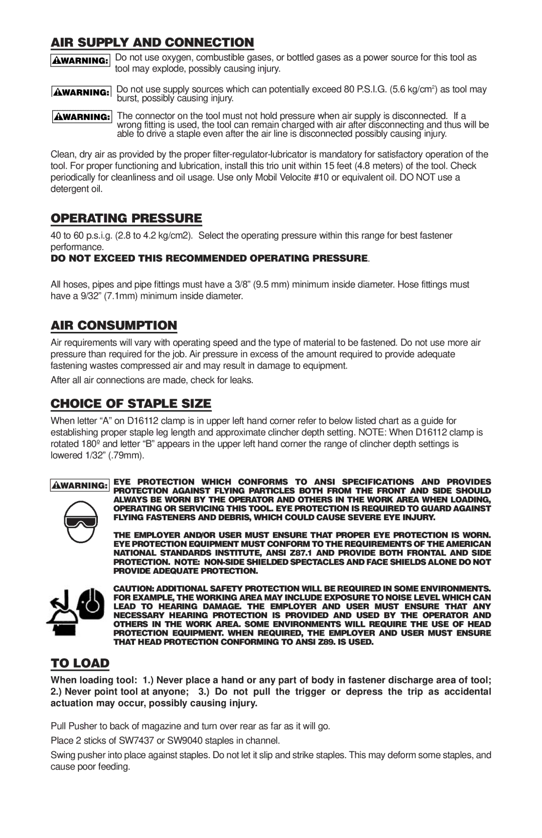 Bostitch SW9040 5/8 SW9040 3/4 SW9040 7/8 manual AIR Supply and Connection, Operating Pressure, AIR Consumption, To Load 