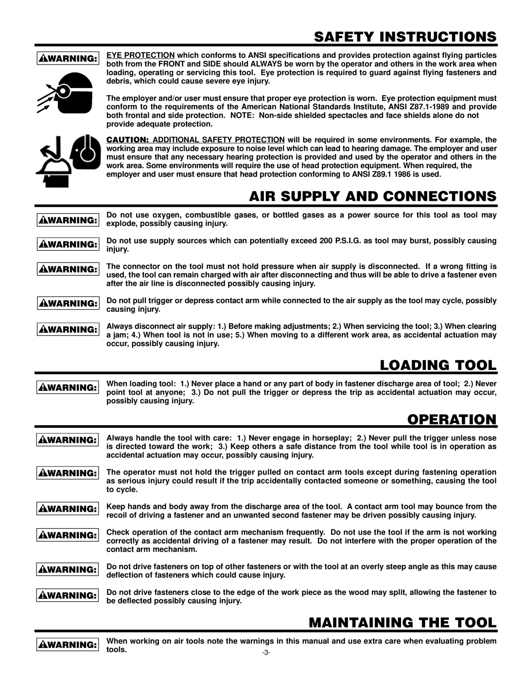 Bostitch T55 manual Safety Instructions, AIR Supply and Connections, Loading Tool, Operation, Maintaining the Tool 