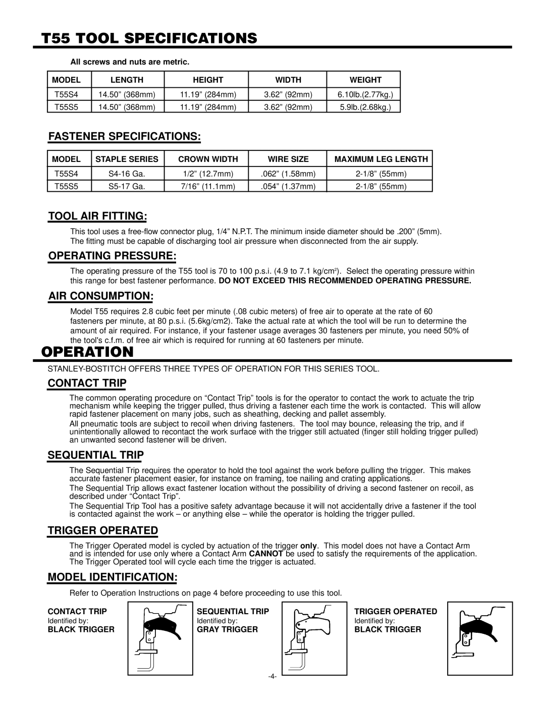 Bostitch manual T55 Tool Specifications 