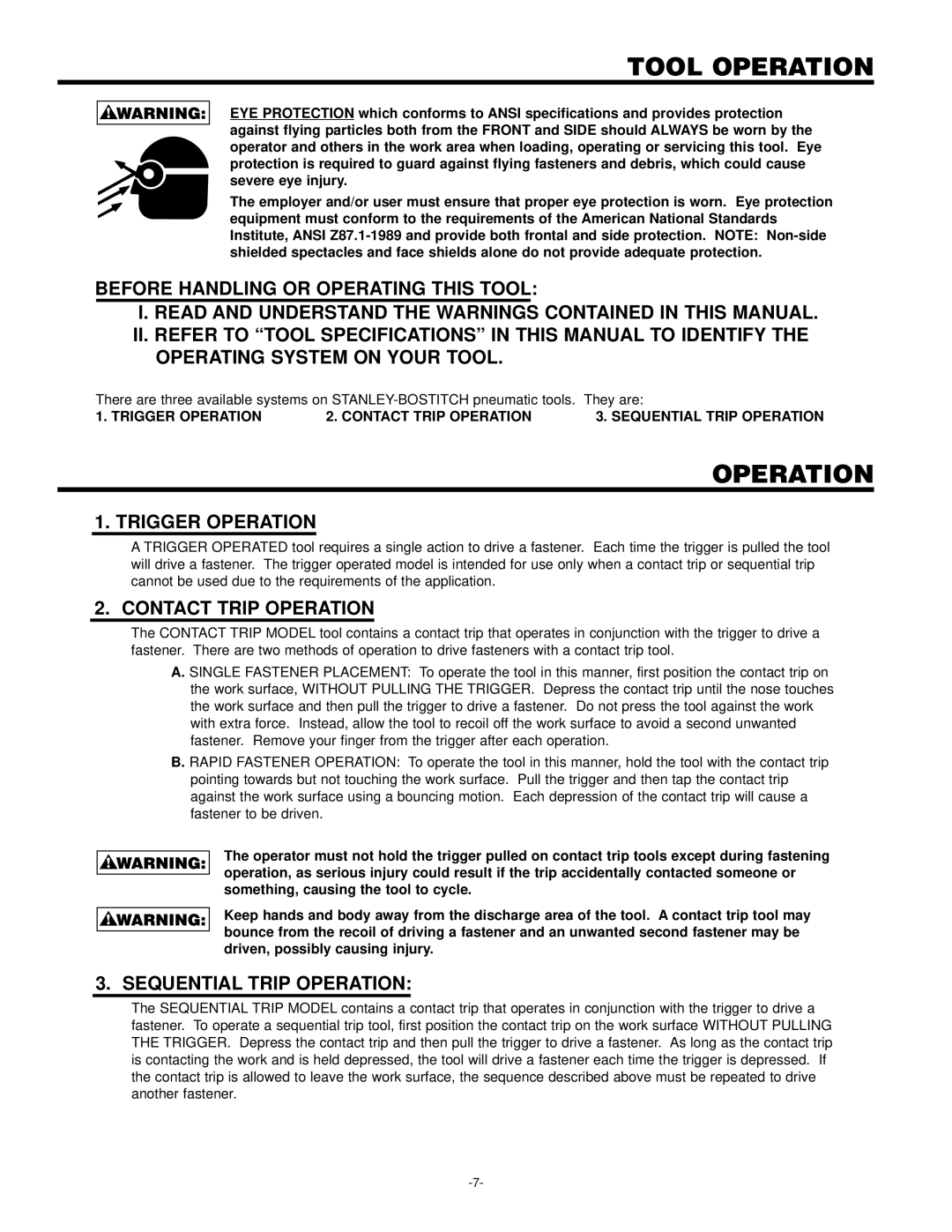 Bostitch T55 manual Tool Operation, Trigger Operation, Contact Trip Operation, Sequential Trip Operation 