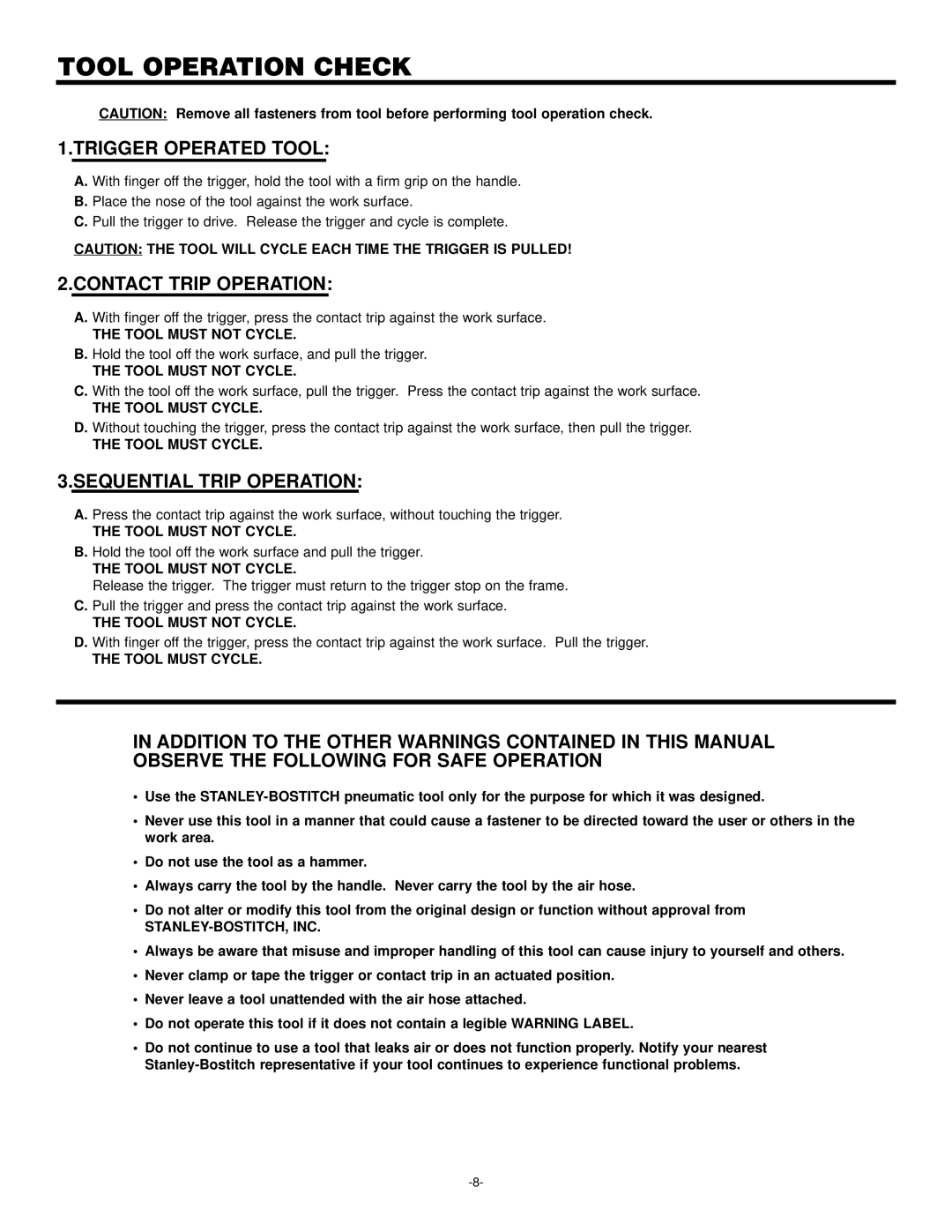 Bostitch T55 manual Tool Operation Check, Trigger Operated Tool 