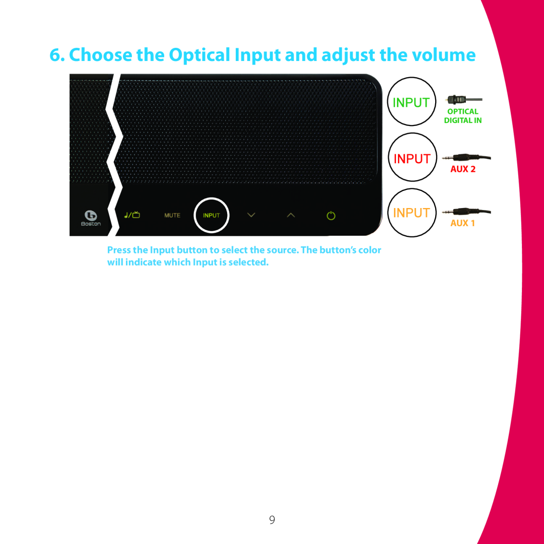 Boston Acoustics 10 quick start Choose the Optical Input and adjust the volume, Optical Digital In 