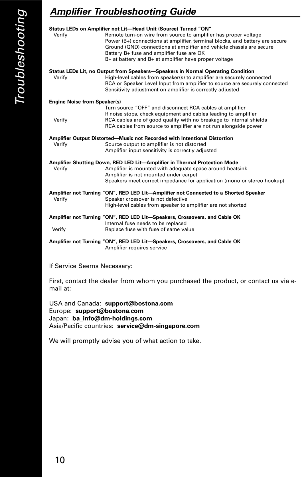 Boston Acoustics 1005 manual Amplifier Troubleshooting Guide 