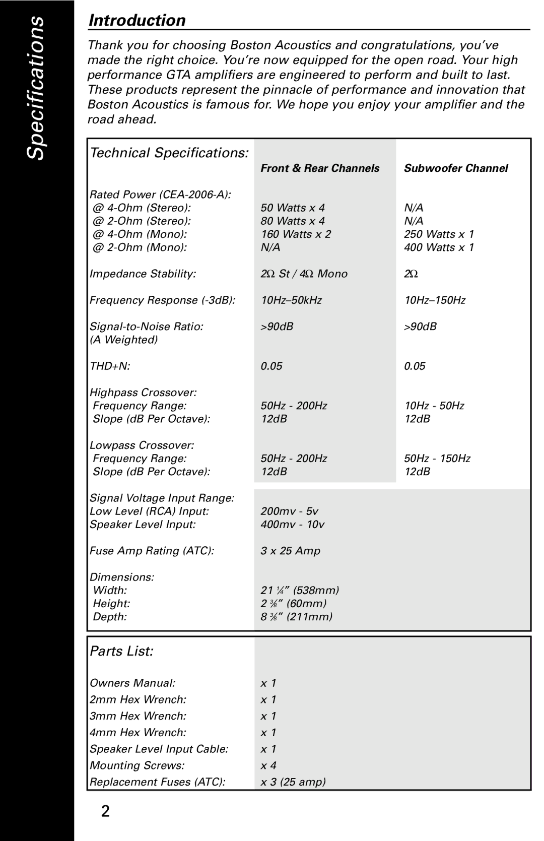 Boston Acoustics 1005 manual Specifications, Introduction 