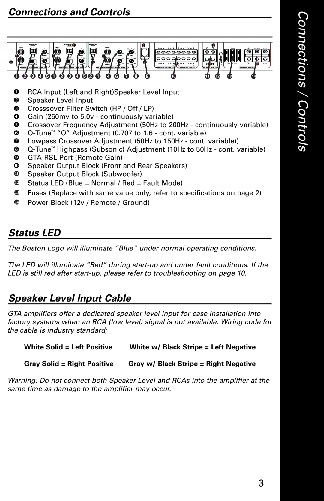 Boston Acoustics 1005 manual Connections / Controls, Connections and Controls, Status LED, Speaker Level Input Cable 