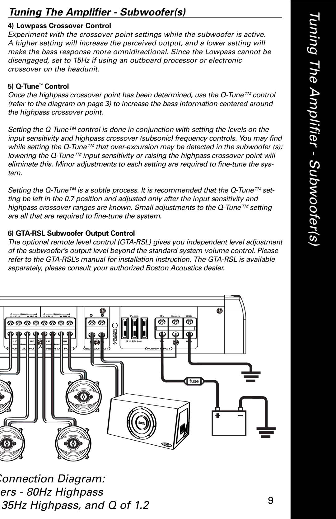 Boston Acoustics 1005 manual Lowpass Crossover Control, TuneControl, GTA-RSL Subwoofer Output Control 