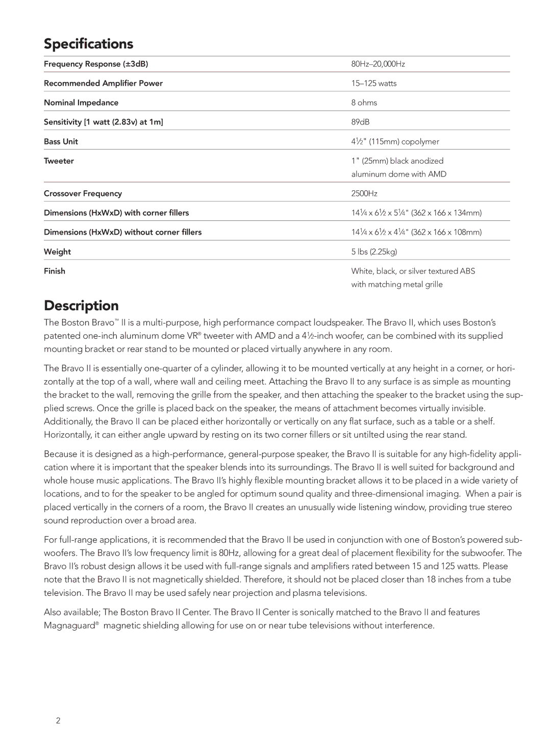 Boston Acoustics 2 manual Speciﬁcations, Description 