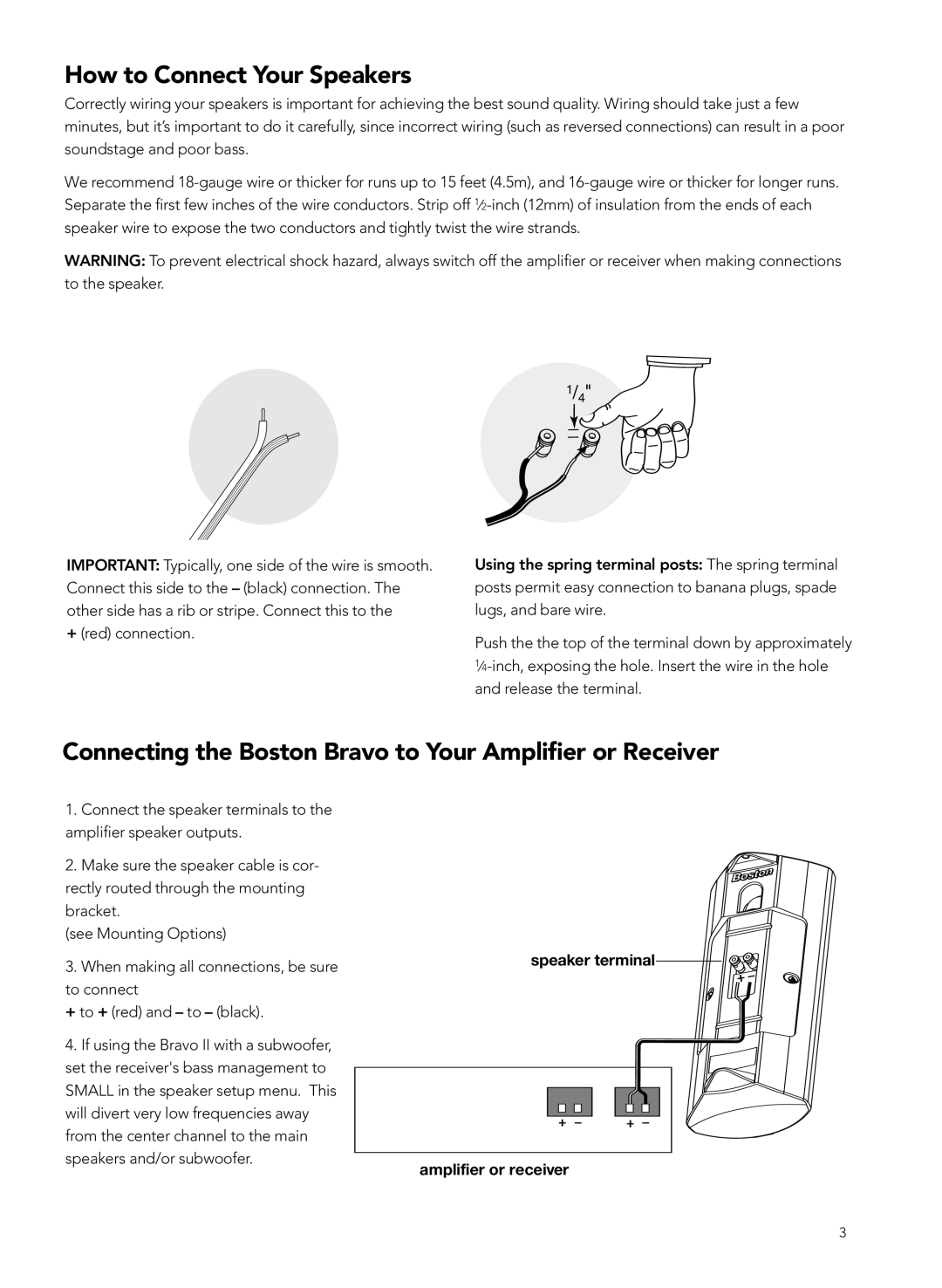 Boston Acoustics 2 manual How to Connect Your Speakers, Connecting the Boston Bravo to Your Ampliﬁer or Receiver 