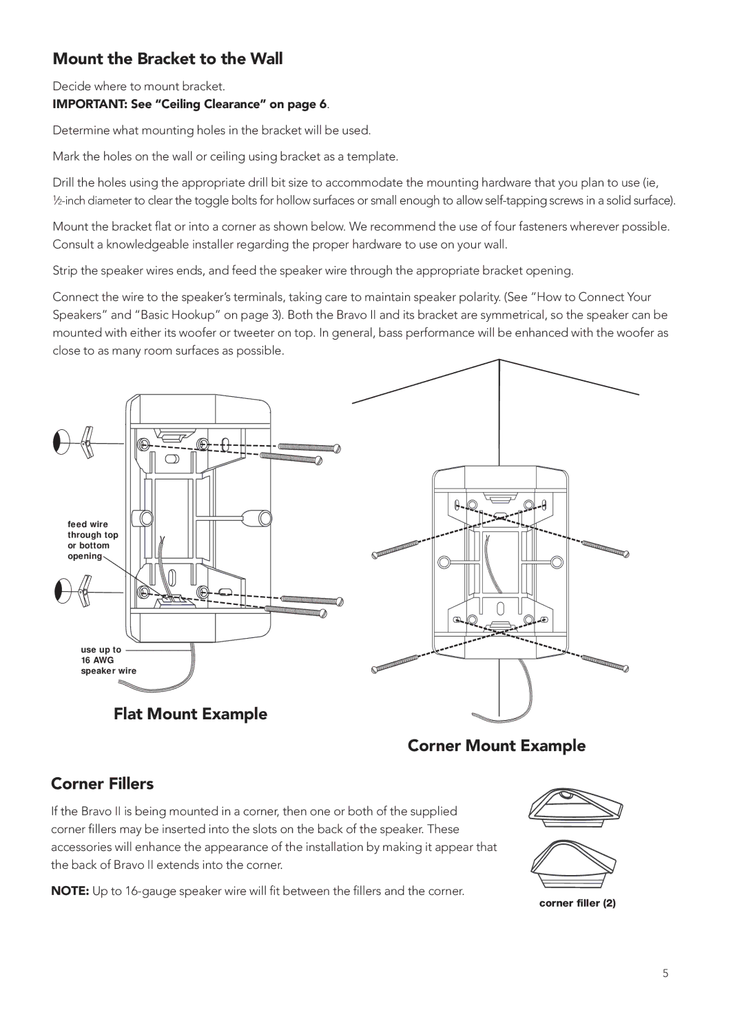 Boston Acoustics 2 manual Mount the Bracket to the Wall, Flat Mount Example Corner Mount Example Corner Fillers 