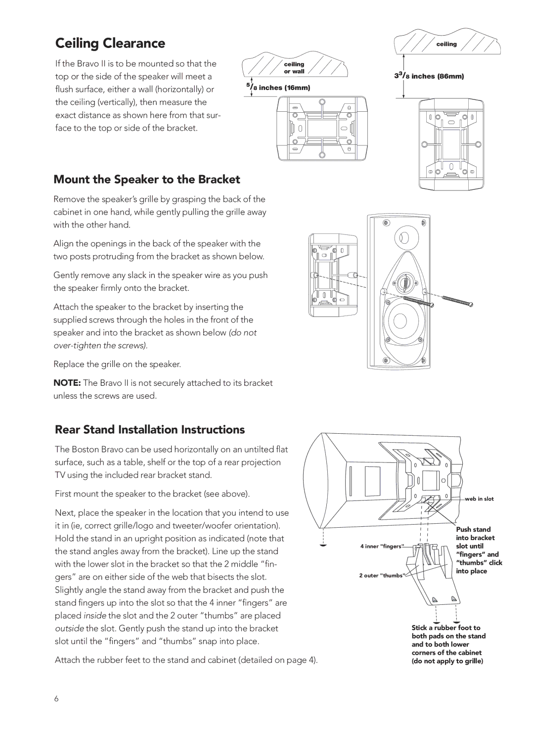 Boston Acoustics 2 manual Ceiling Clearance, Mount the Speaker to the Bracket, Rear Stand Installation Instructions 