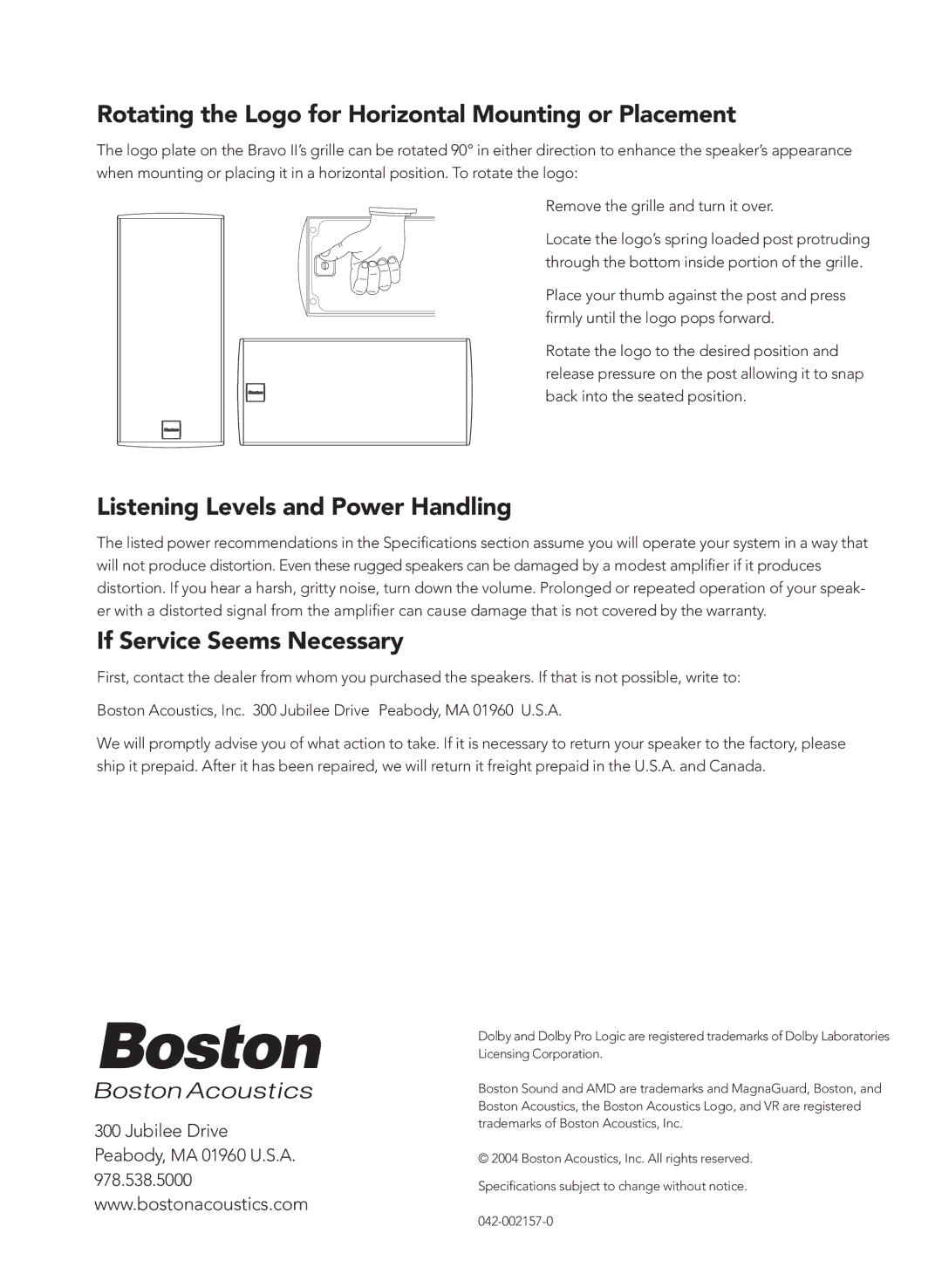 Boston Acoustics 2 manual Rotating the Logo for Horizontal Mounting or Placement, Listening Levels and Power Handling 