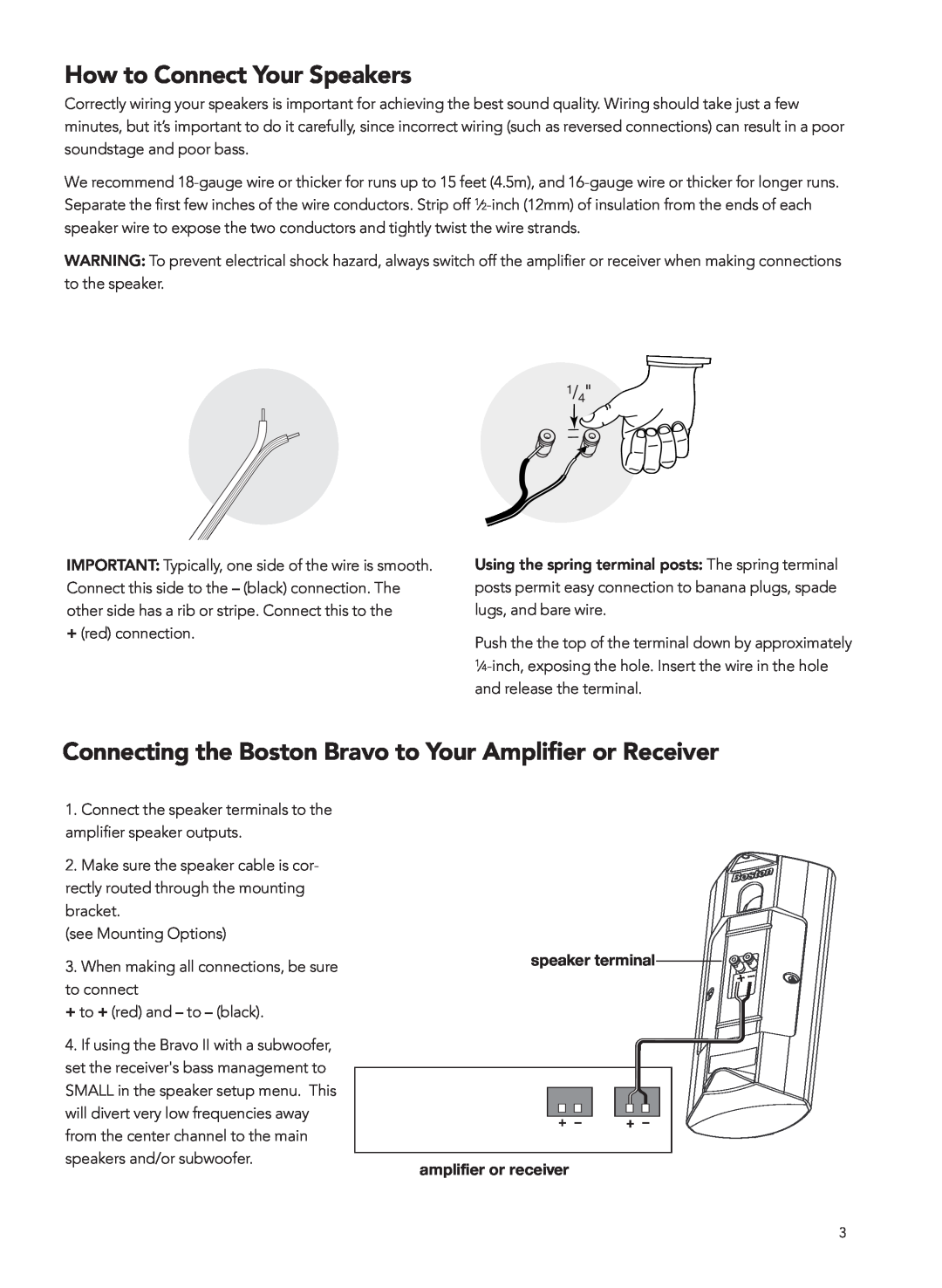 Boston Acoustics 2 manual How to Connect Your Speakers, speaker terminal amplifier or receiver 