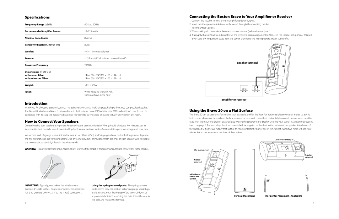 Boston Acoustics Specifications, Introduction, How to Connect Your Speakers, Using the Bravo 20 on a Flat Surface 