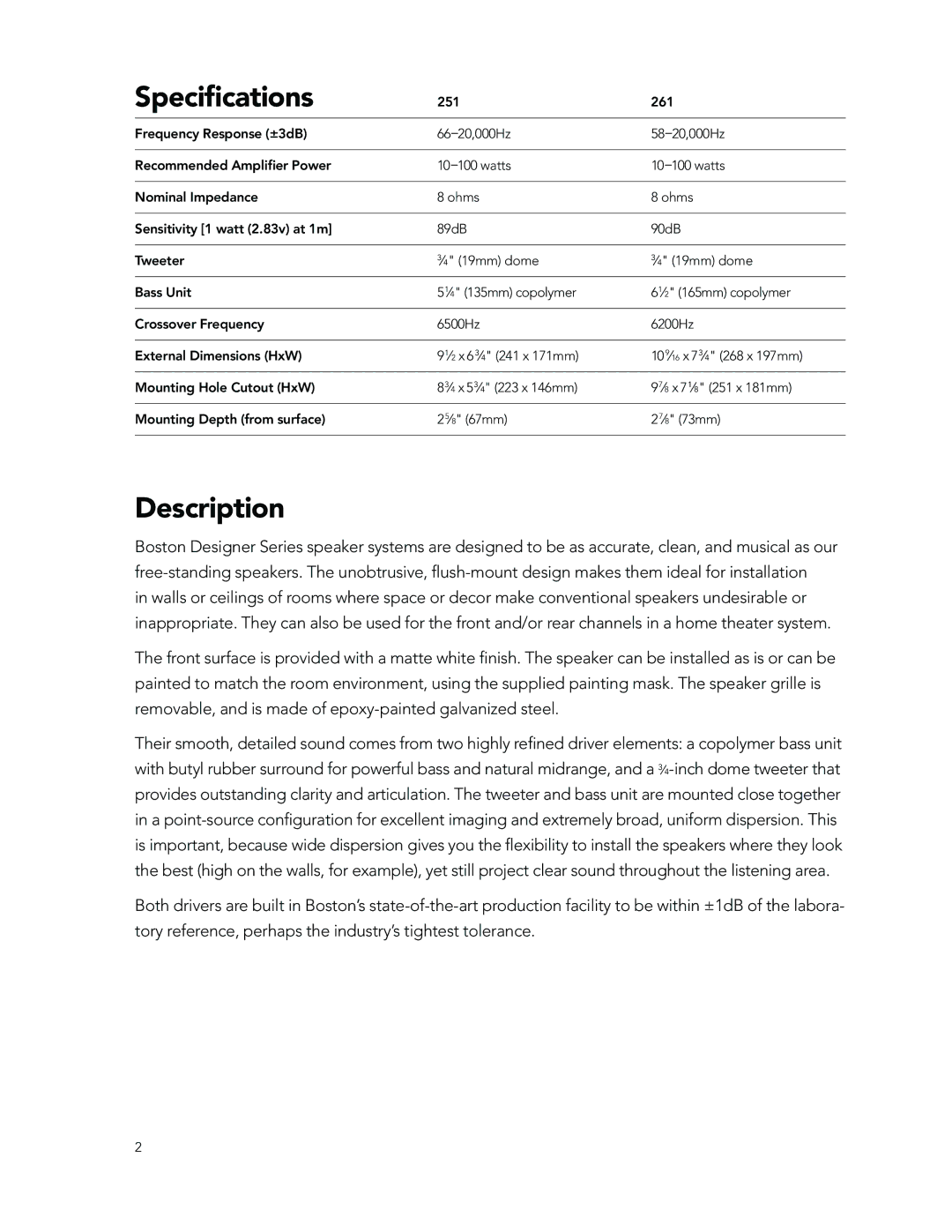 Boston Acoustics 251, 261 manual Speciﬁcations, Description 