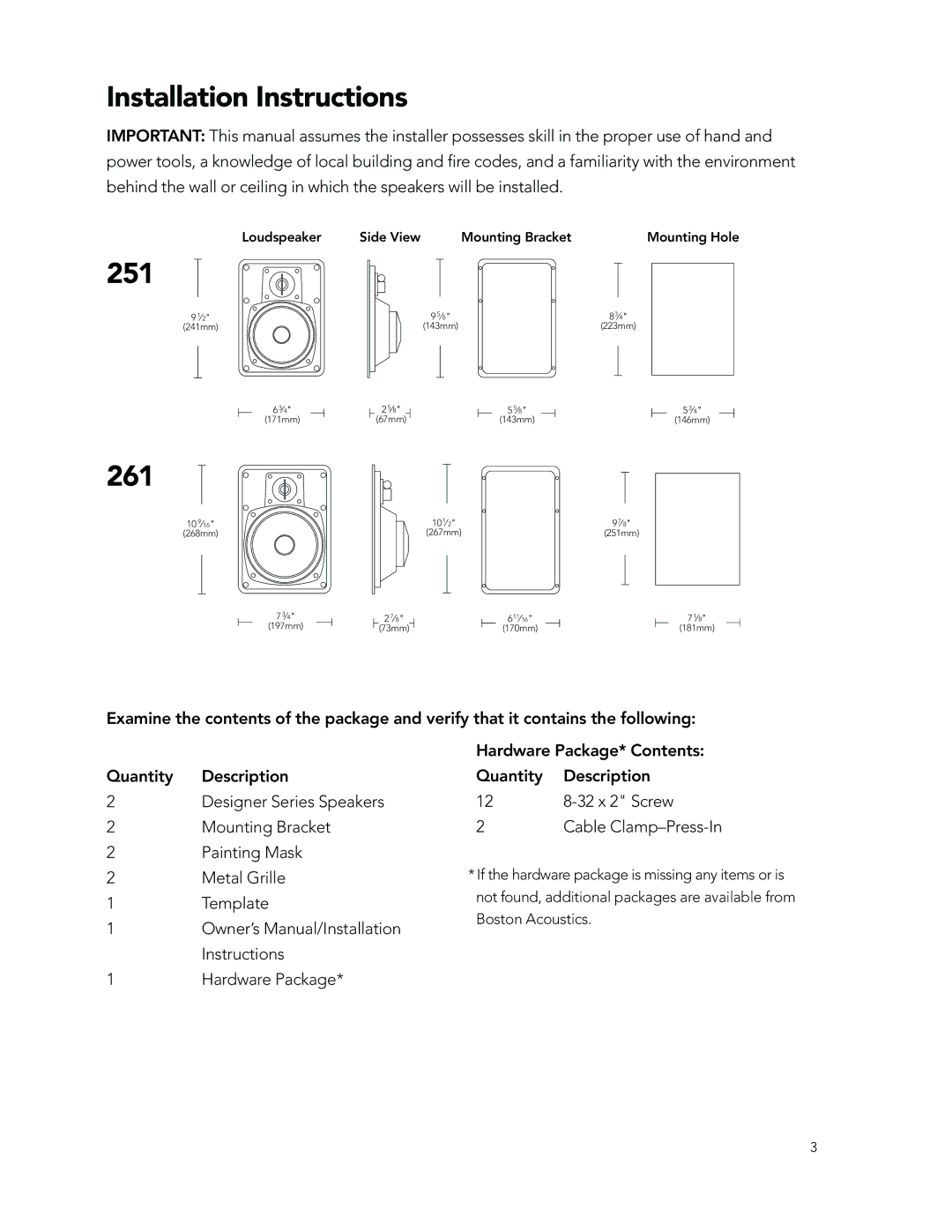 Boston Acoustics 261 manual Installation Instructions, 251 