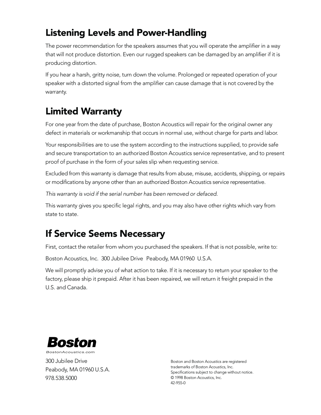 Boston Acoustics 251, 261 manual Listening Levels and Power-Handling, Limited Warranty, If Service Seems Necessary 