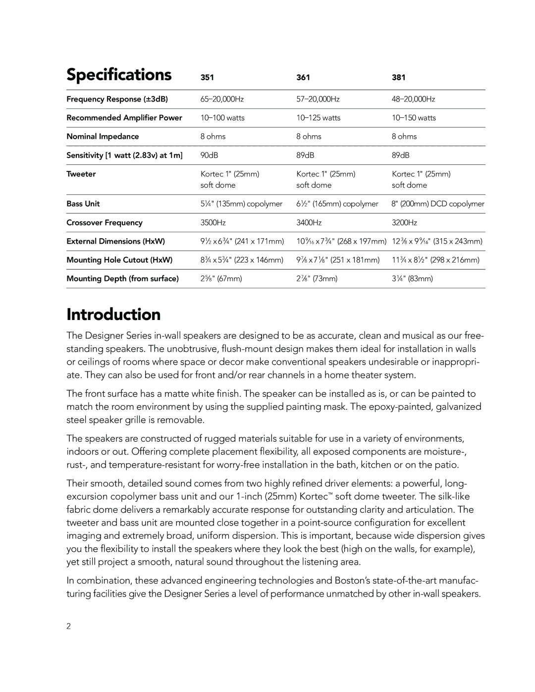 Boston Acoustics 351 361 381 manual Speciﬁcations, Introduction 