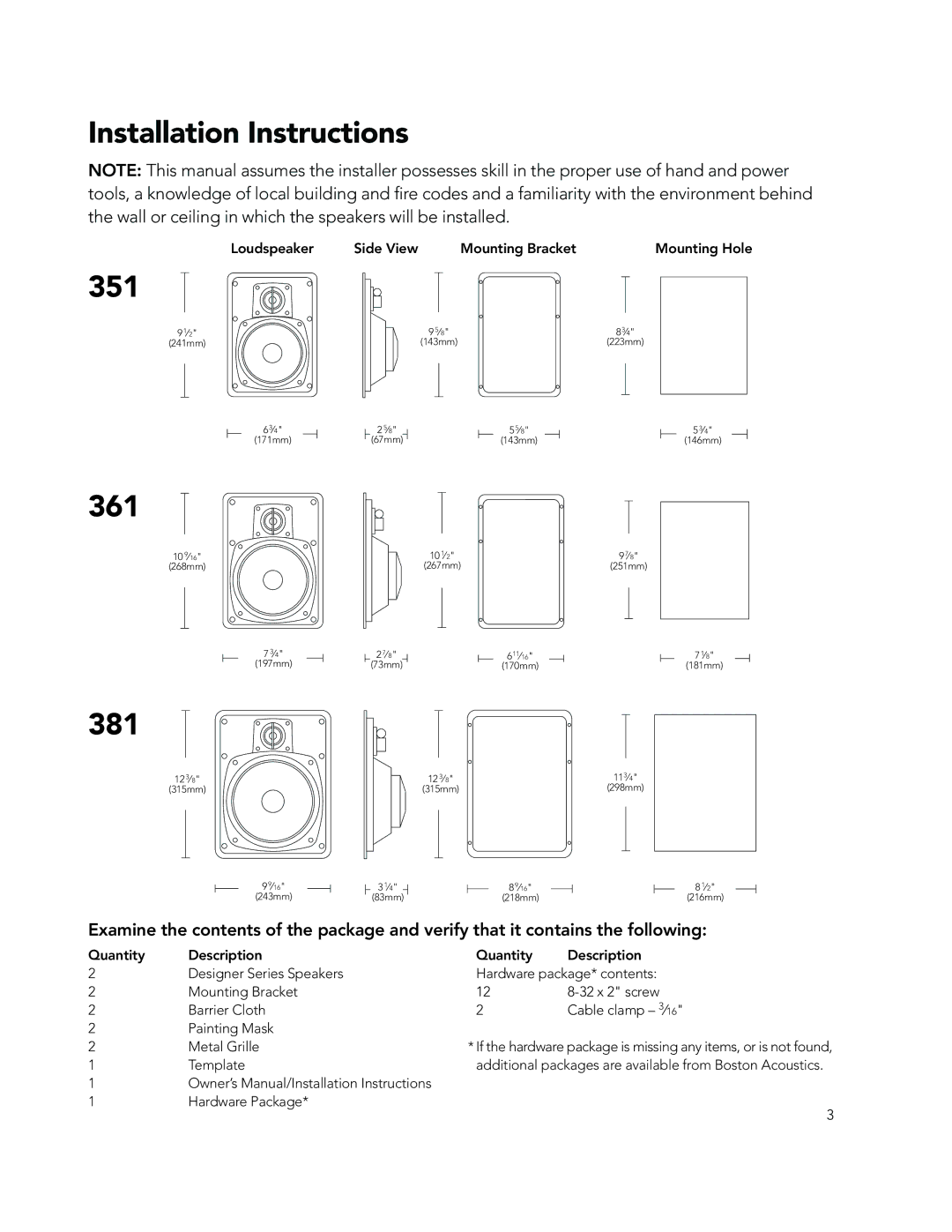 Boston Acoustics 351 361 381 manual Installation Instructions 