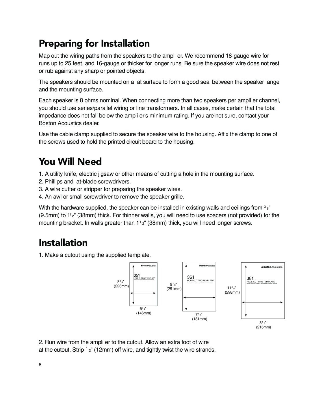 Boston Acoustics 351 361 381 manual Preparing for Installation, You Will Need 