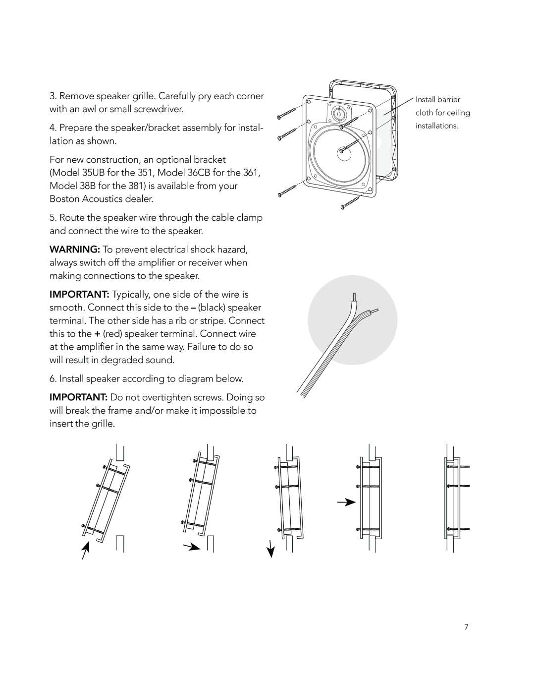 Boston Acoustics 351 361 381 manual Install barrier Cloth for ceiling Installations 