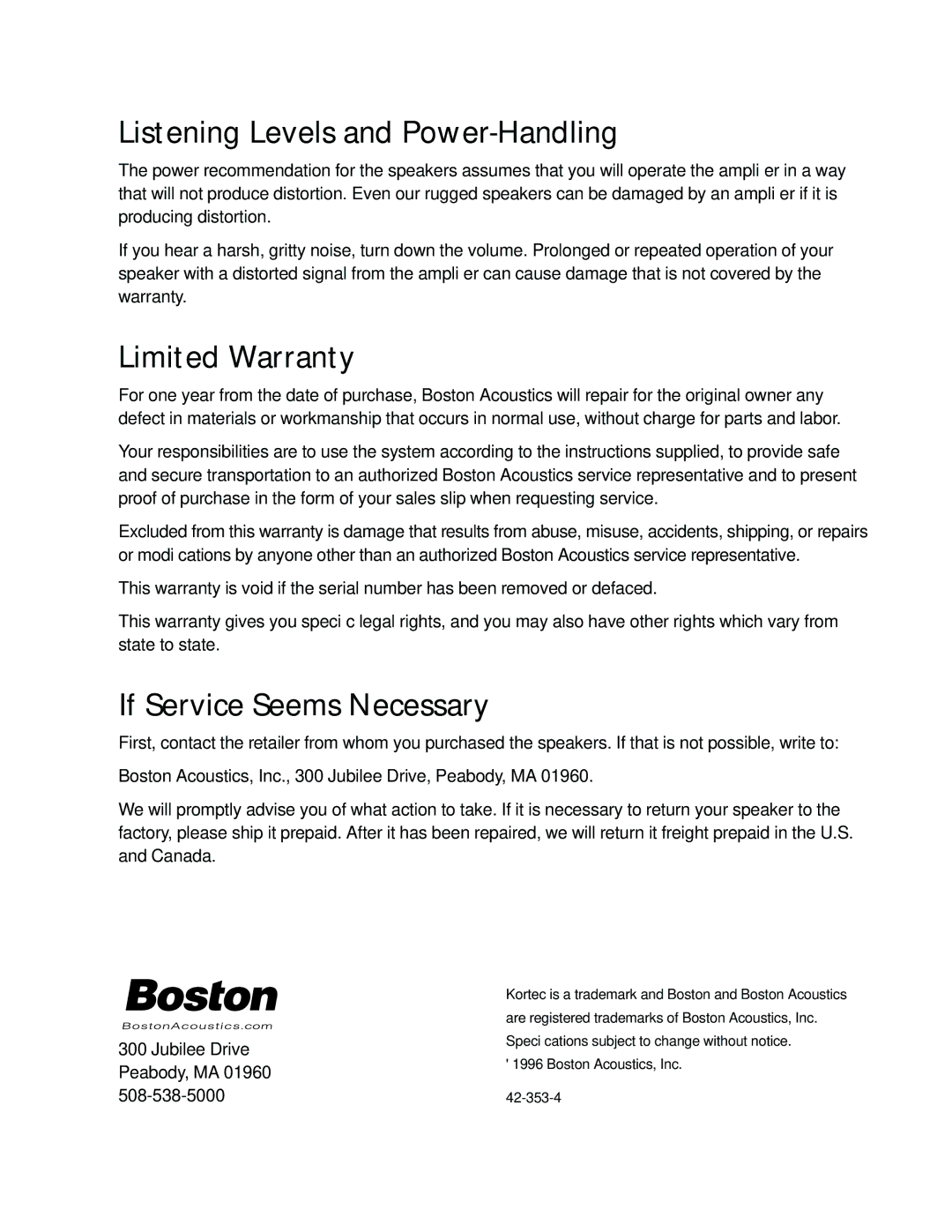 Boston Acoustics 351 361 381 manual Listening Levels and Power-Handling, Limited Warranty, If Service Seems Necessary 