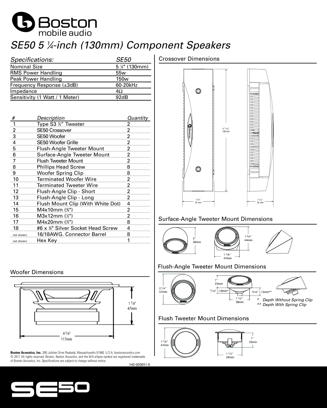 Boston Acoustics 5 1/4-inch (130mm) component speakers specifications SE50 5 1⁄4-inch 130mm Component Speakers 