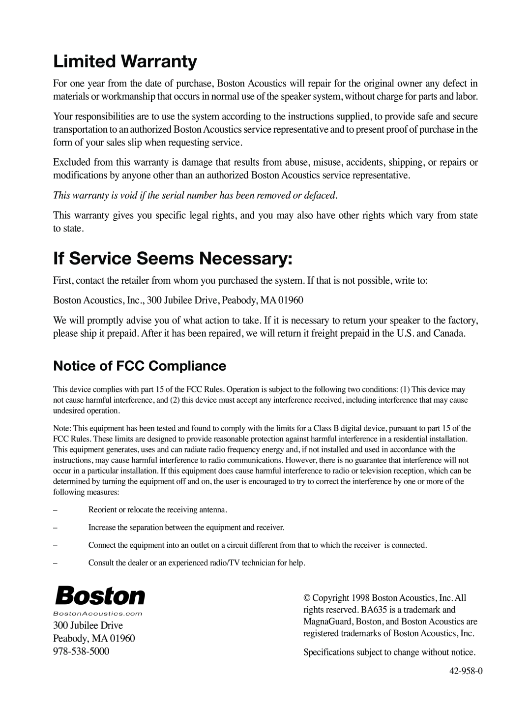 Boston Acoustics 635 manual Limited Warranty, If Service Seems Necessary, Notice of FCC Compliance 