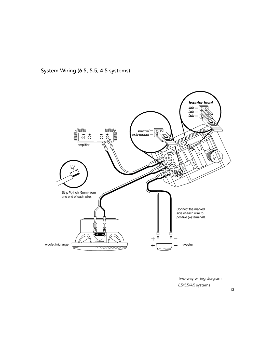 Boston Acoustics 6.53 installation manual System Wiring 6.5, 5.5, 4.5 systems, Tweeter level 