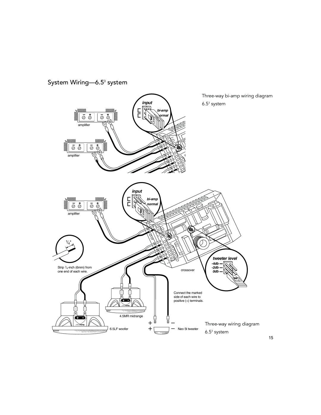 Boston Acoustics 4.5, 5.5 installation manual System Wiring-6.53system, Three-way bi-amp wiring diagram 