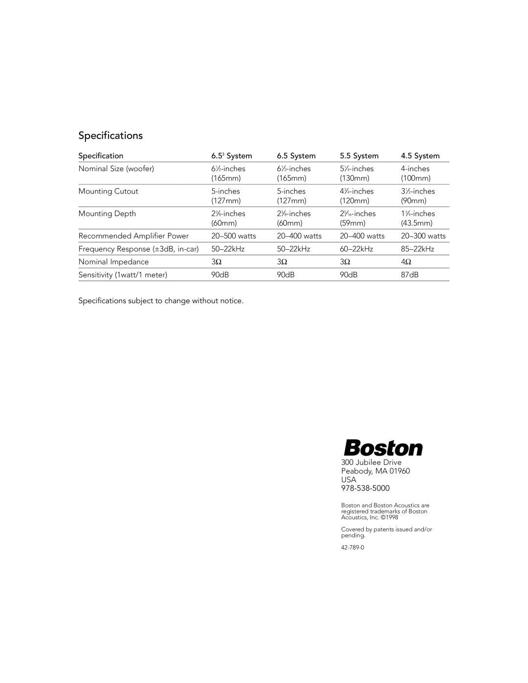 Boston Acoustics 5.5, 6.53, 4.5 installation manual Specifications, Usa 