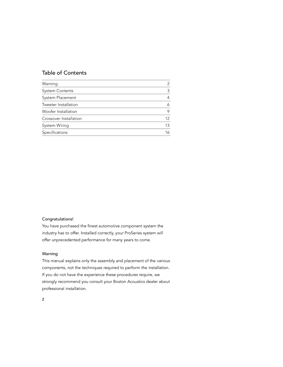 Boston Acoustics 6.53, 5.5, 4.5 installation manual Table of Contents 