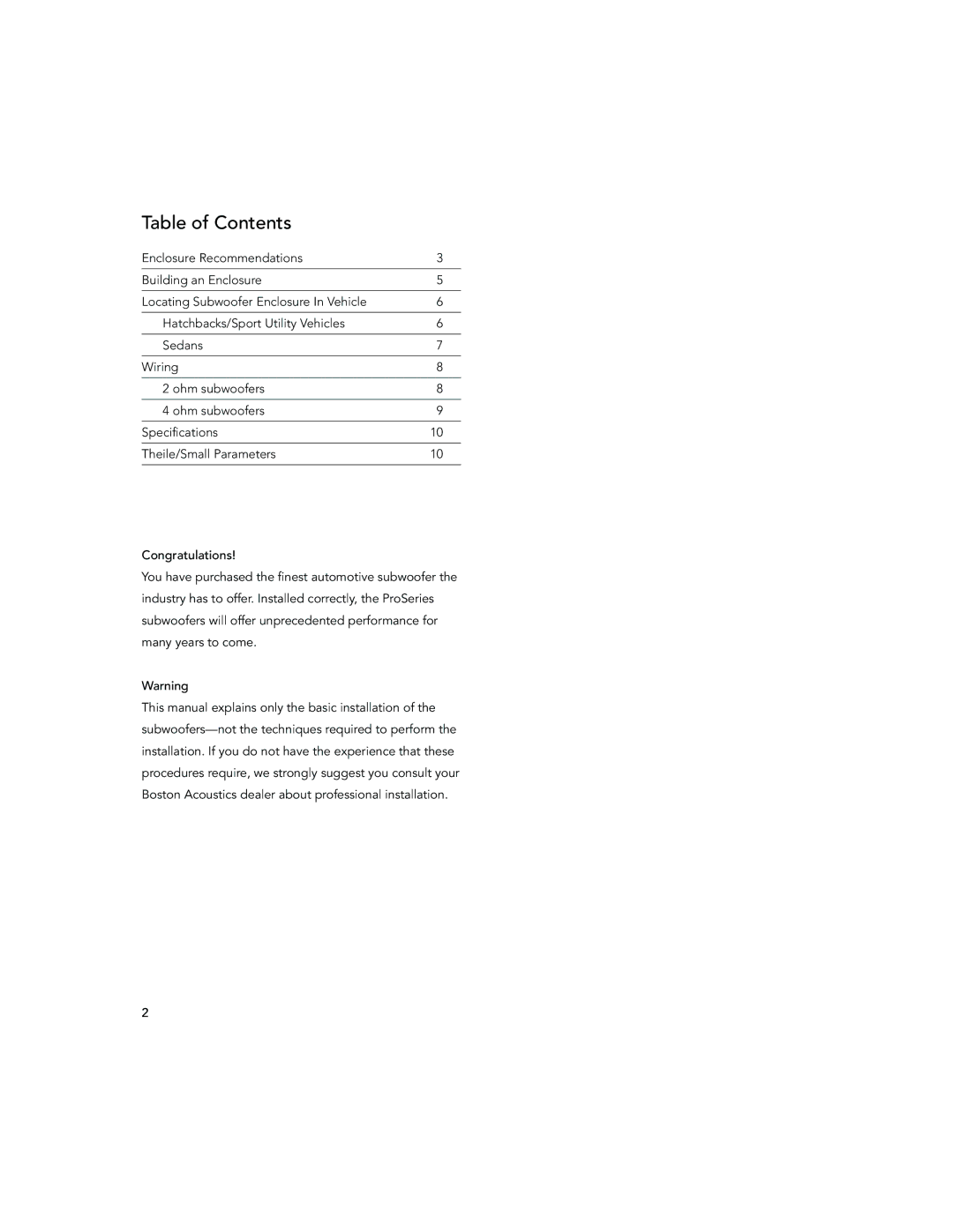 Boston Acoustics GS1000, 800, GS1500, 12.5LF, 8.5LF, 10.5LF, GS1200 installation manual Table of Contents 