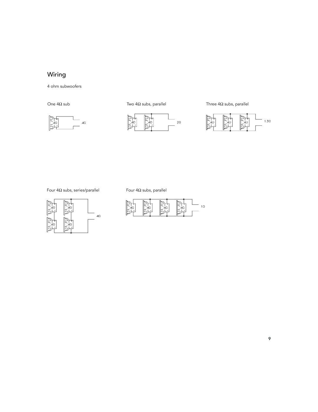 Boston Acoustics 800, GS1000, GS1500, 12.5LF, 8.5LF, 10.5LF, GS1200 Ohm subwoofers One 4Ω sub Two 4Ω subs, parallel 