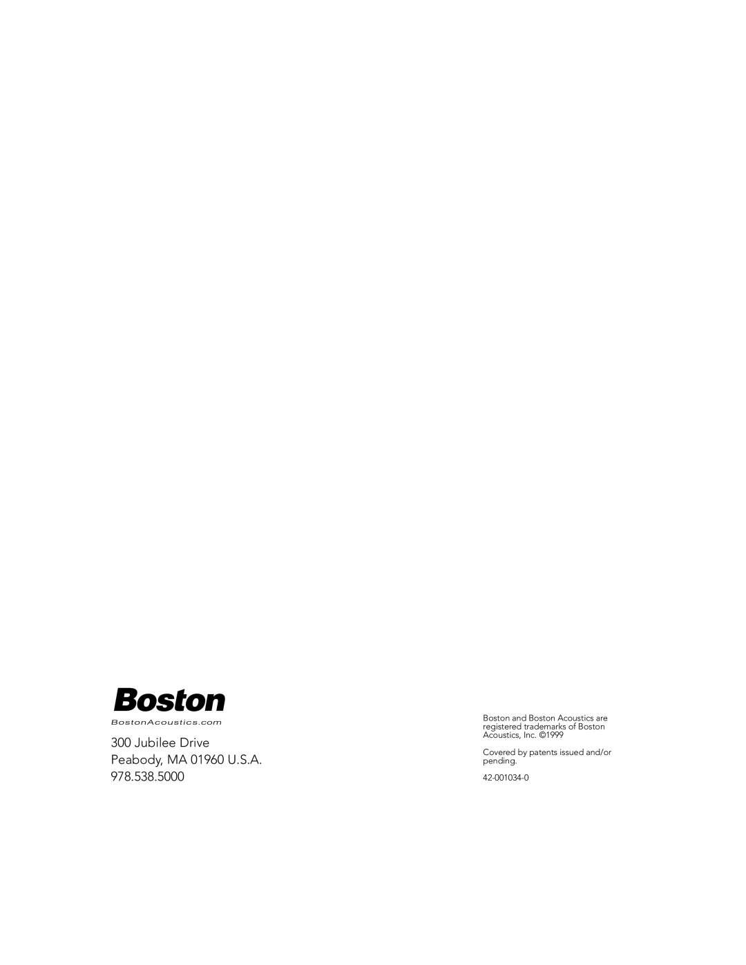 Boston Acoustics GS1000, 800 Jubilee Drive Peabody, MA 01960 U.S.A, Covered by patents issued and/or pending 42-001034-0 