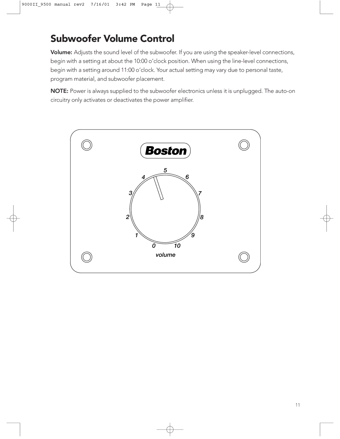 Boston Acoustics 9500, 9000 manual Subwoofer Volume Control 