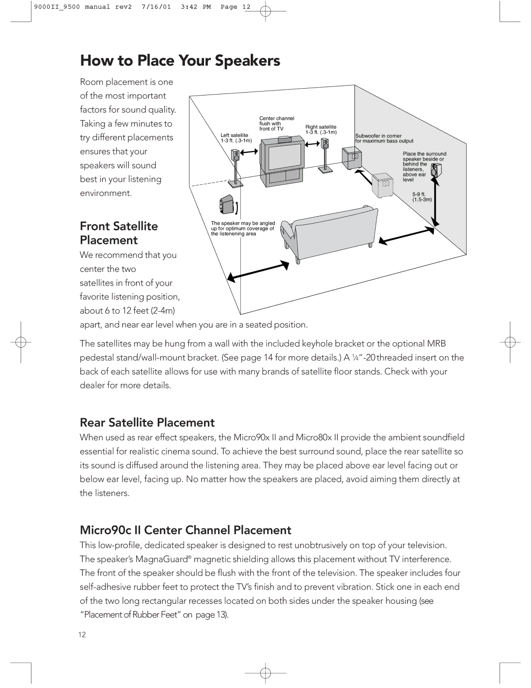 Boston Acoustics 9000, 9500 manual How to Place Your Speakers, Front Satellite Placement, Rear Satellite Placement 