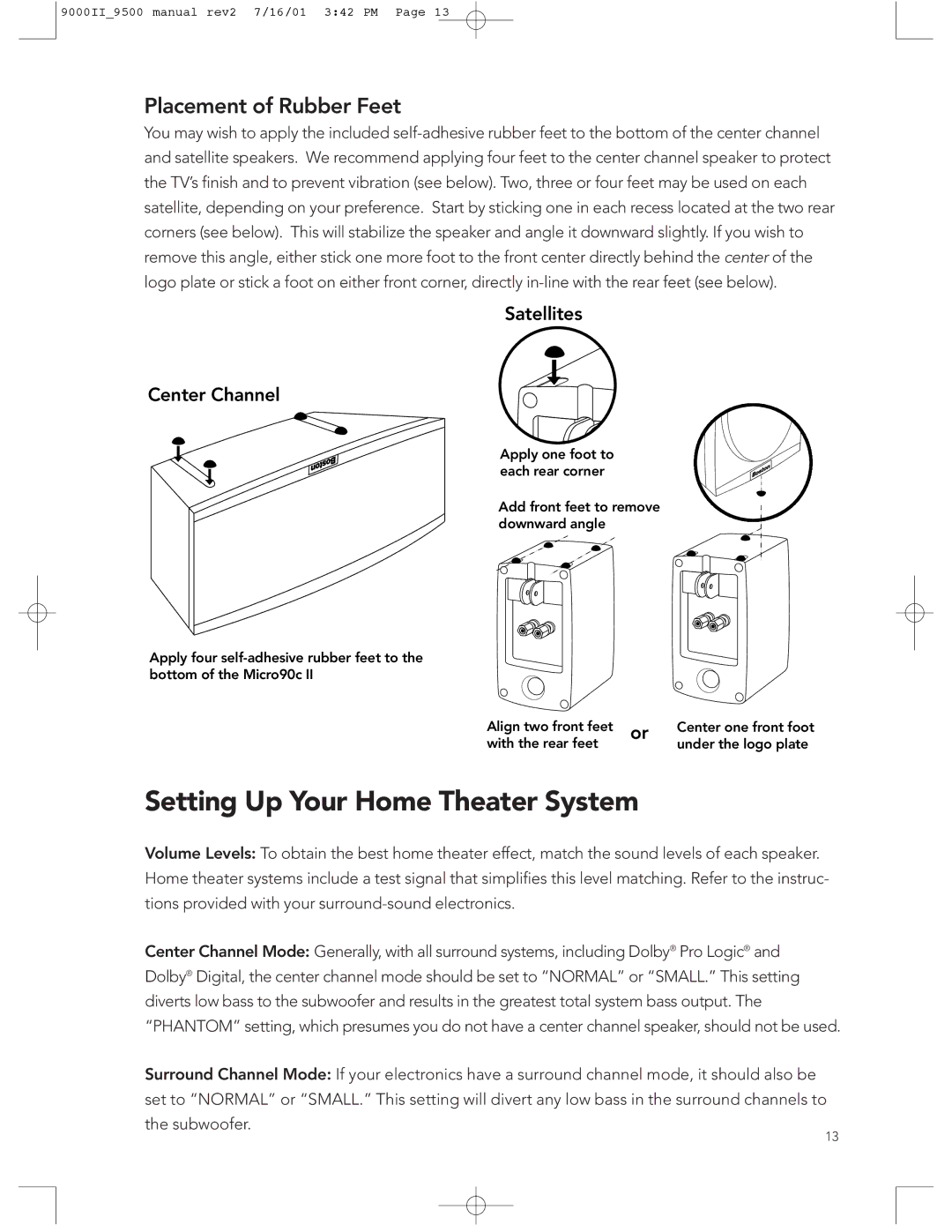 Boston Acoustics 9500, 9000 manual Setting Up Your Home Theater System, Placement of Rubber Feet 