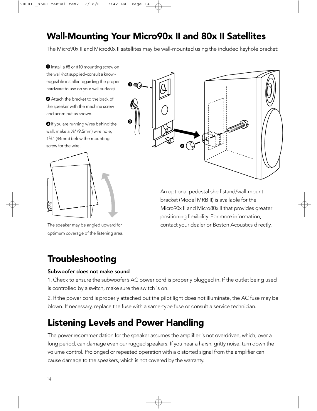 Boston Acoustics 9000, 9500 manual Wall-Mounting Your Micro90x II and 80x II Satellites, Troubleshooting 