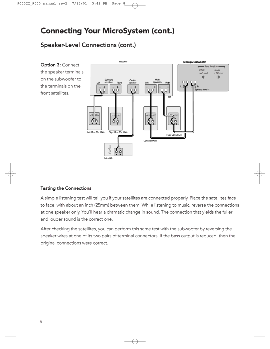 Boston Acoustics 9000, 9500 manual Main Left speakers Right Speaker level Left Micro90x II/80x 