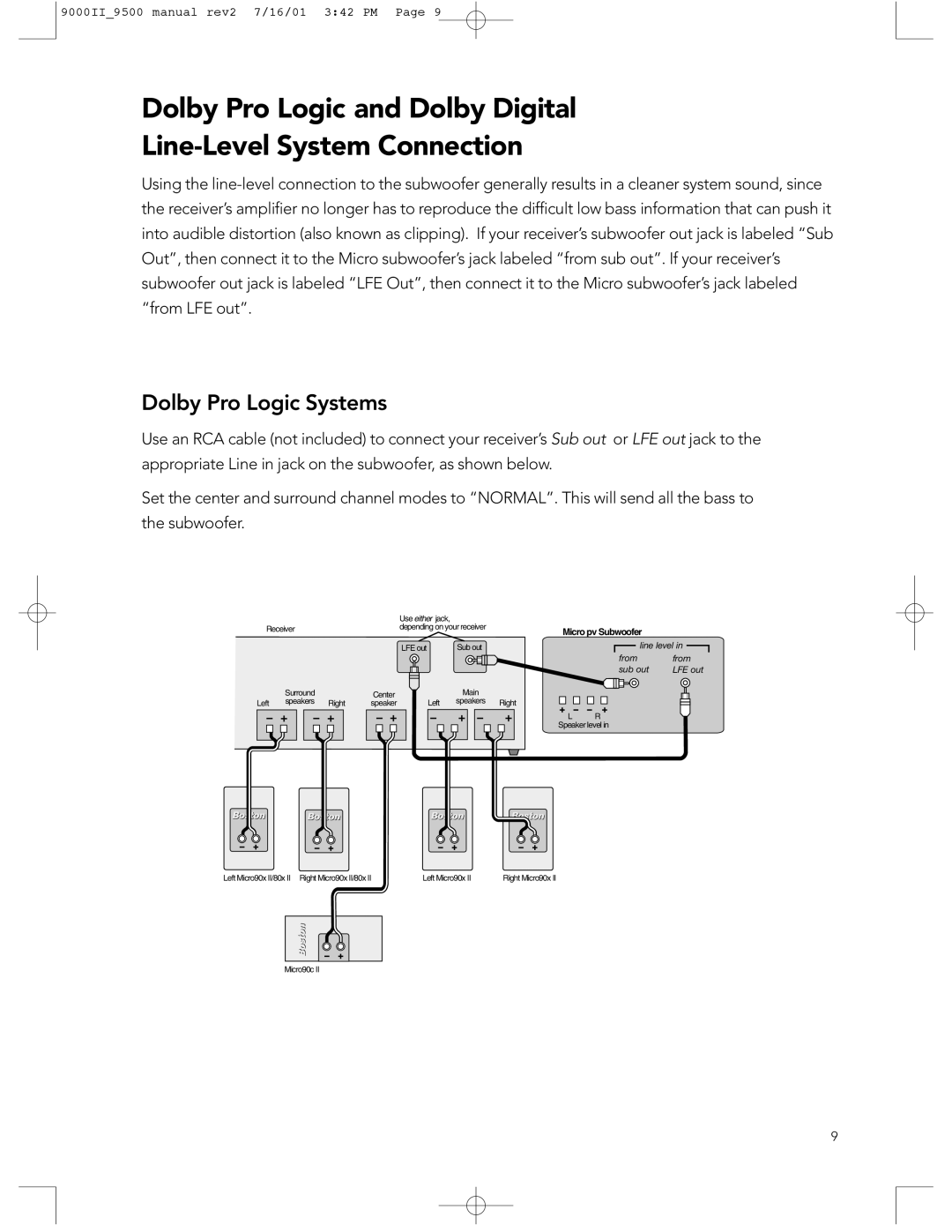 Boston Acoustics 9500, 9000 manual Dolby Pro Logic Systems, From Sub out LFE out 