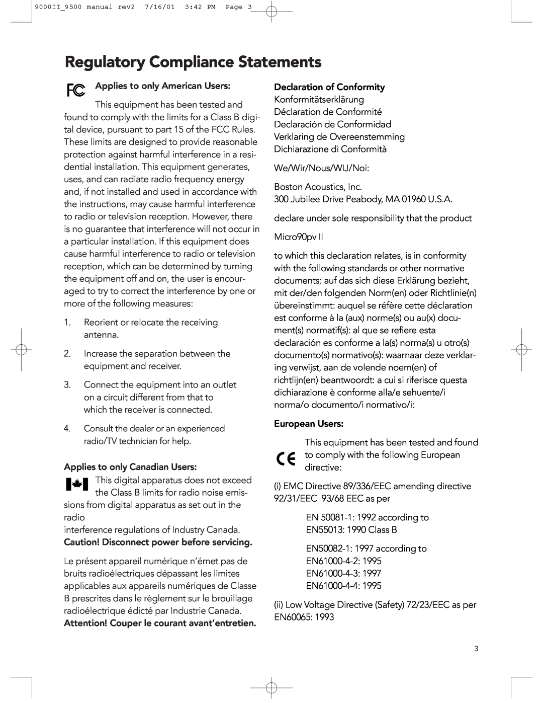 Boston Acoustics 9500, 9000 manual Regulatory Compliance Statements 