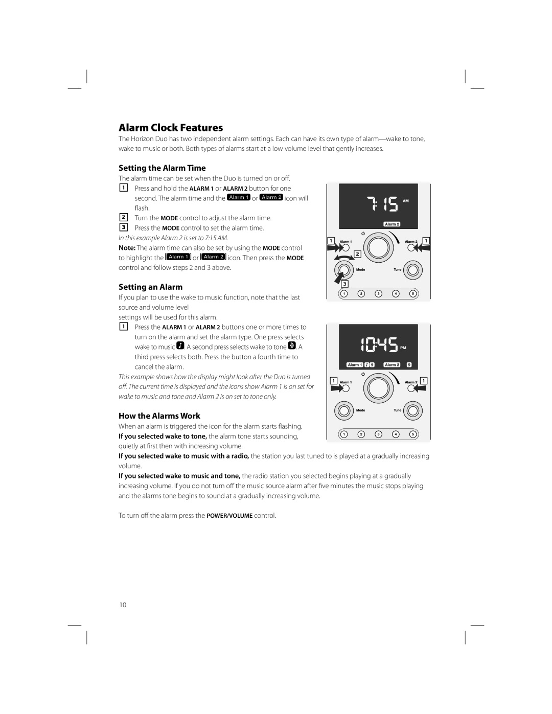 Boston Acoustics AM/FM Radio Tuner Alarm Clock Features, Setting the Alarm Time, Setting an Alarm, How the Alarms Work 