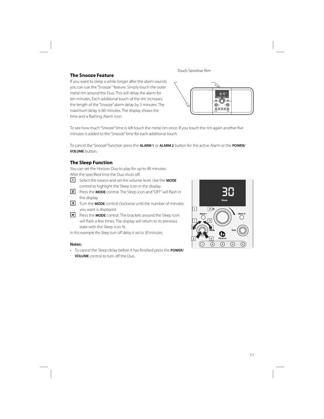 Boston Acoustics AM/FM Radio Tuner owner manual Snooze Feature, Sleep Function, Touch Sensitive Rim 