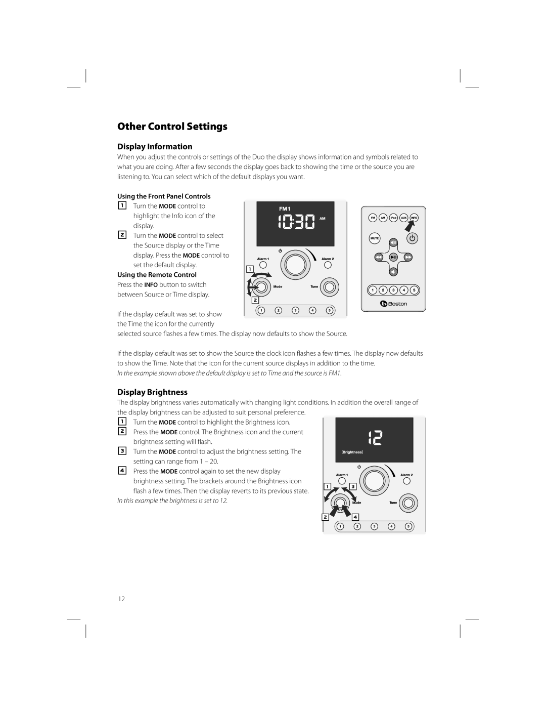 Boston Acoustics AM/FM Radio Tuner owner manual Other Control Settings, Display Information, Display Brightness 