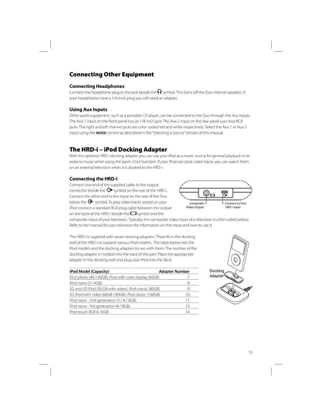 Boston Acoustics AM/FM Radio Tuner Connecting Other Equipment, HRD-i iPod Docking Adapter, Connecting Headphones 