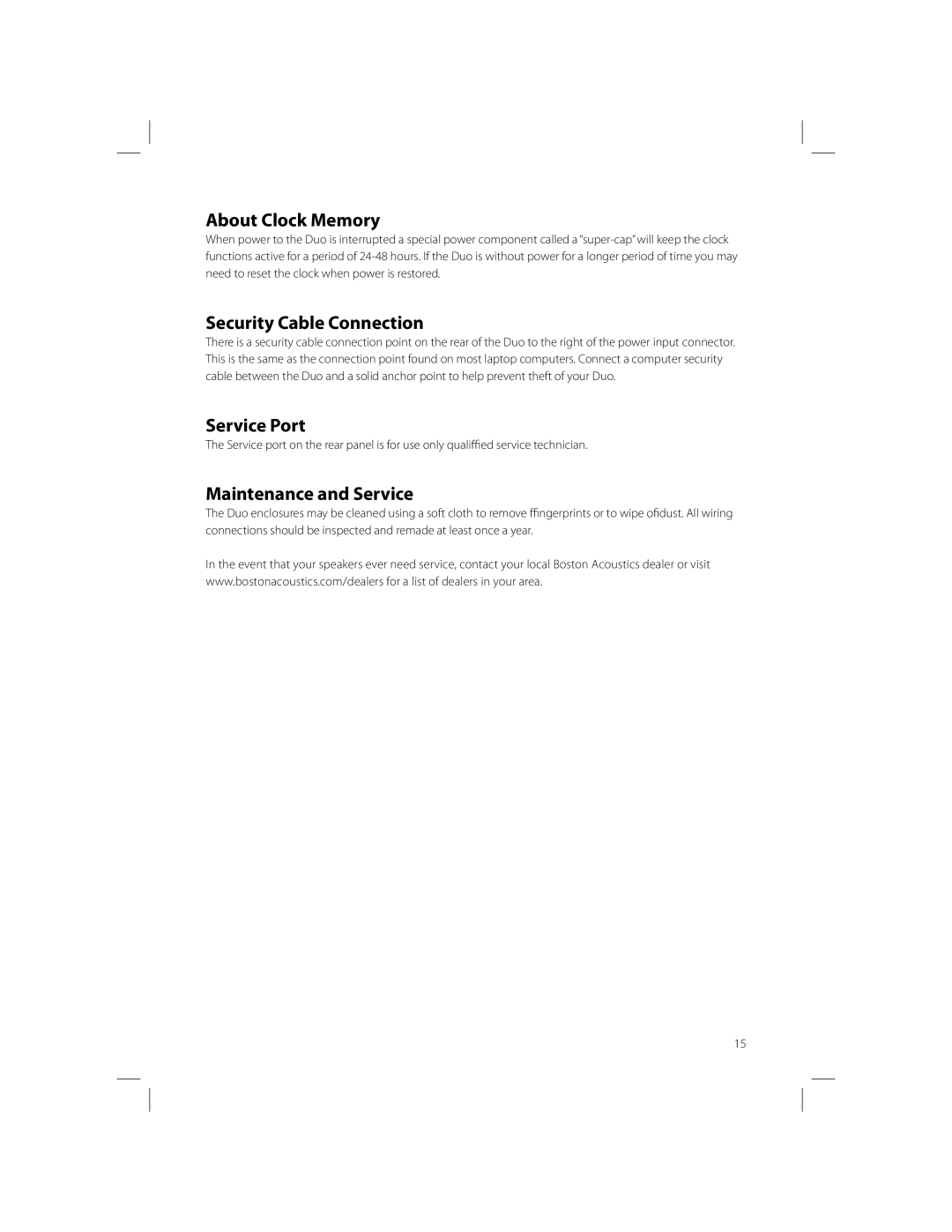 Boston Acoustics AM/FM Radio Tuner About Clock Memory, Security Cable Connection, Service Port, Maintenance and Service 